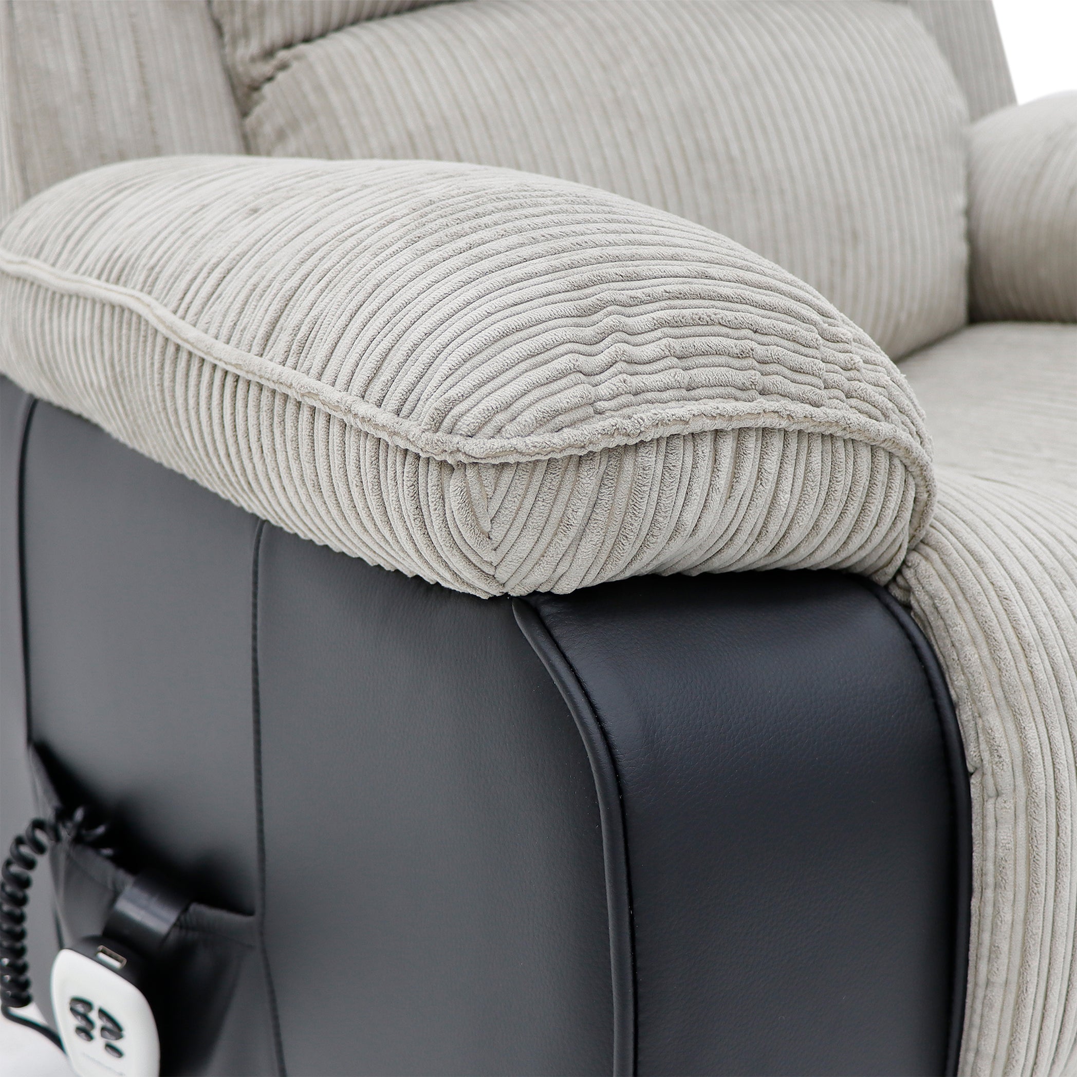 Bloomsbury Riser Recliner with Heat and Massage - Grey Corduroy Fabric / Black Air Leather - Image 10
