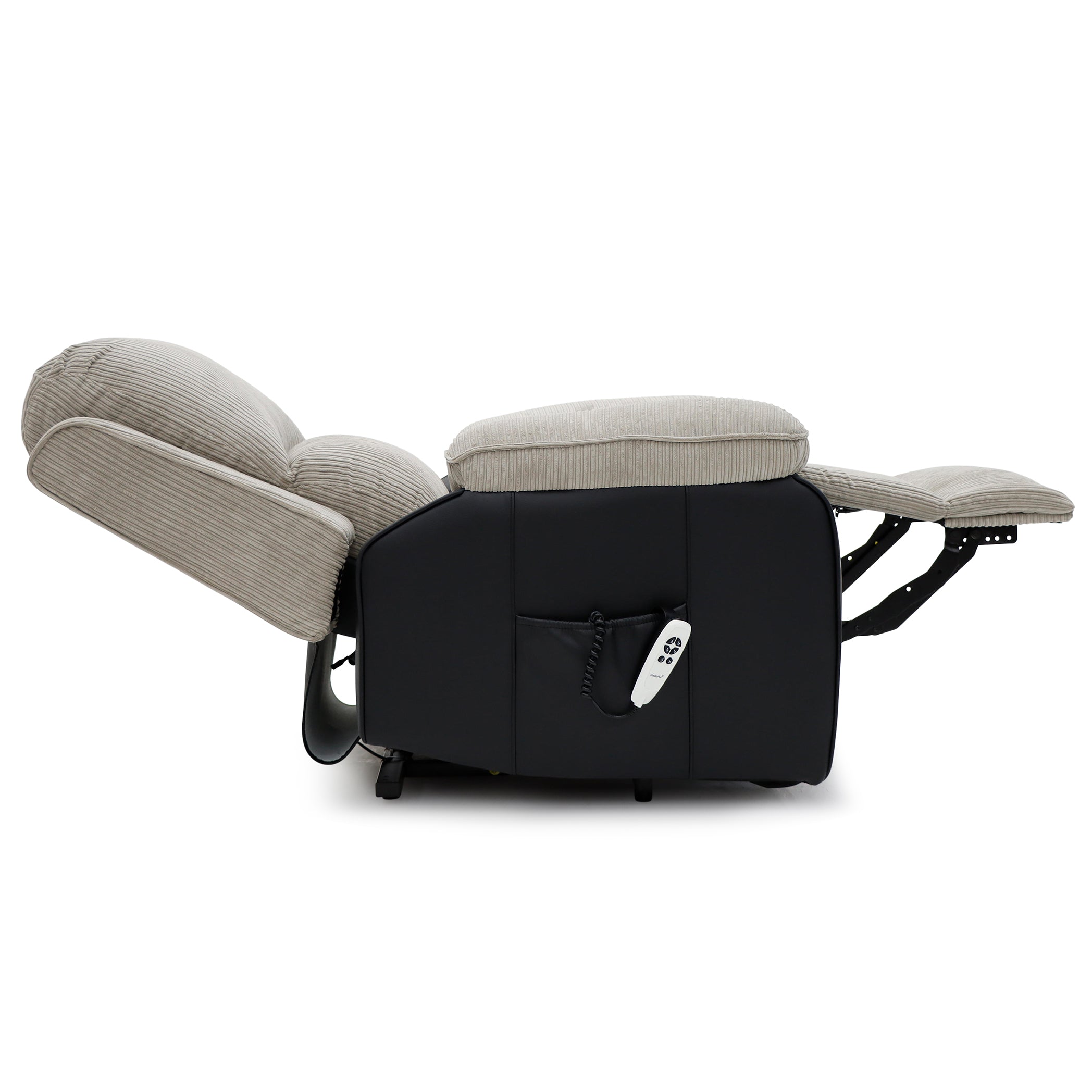 Bloomsbury Riser Recliner with Heat and Massage - Grey Corduroy Fabric / Black Air Leather - Image 6