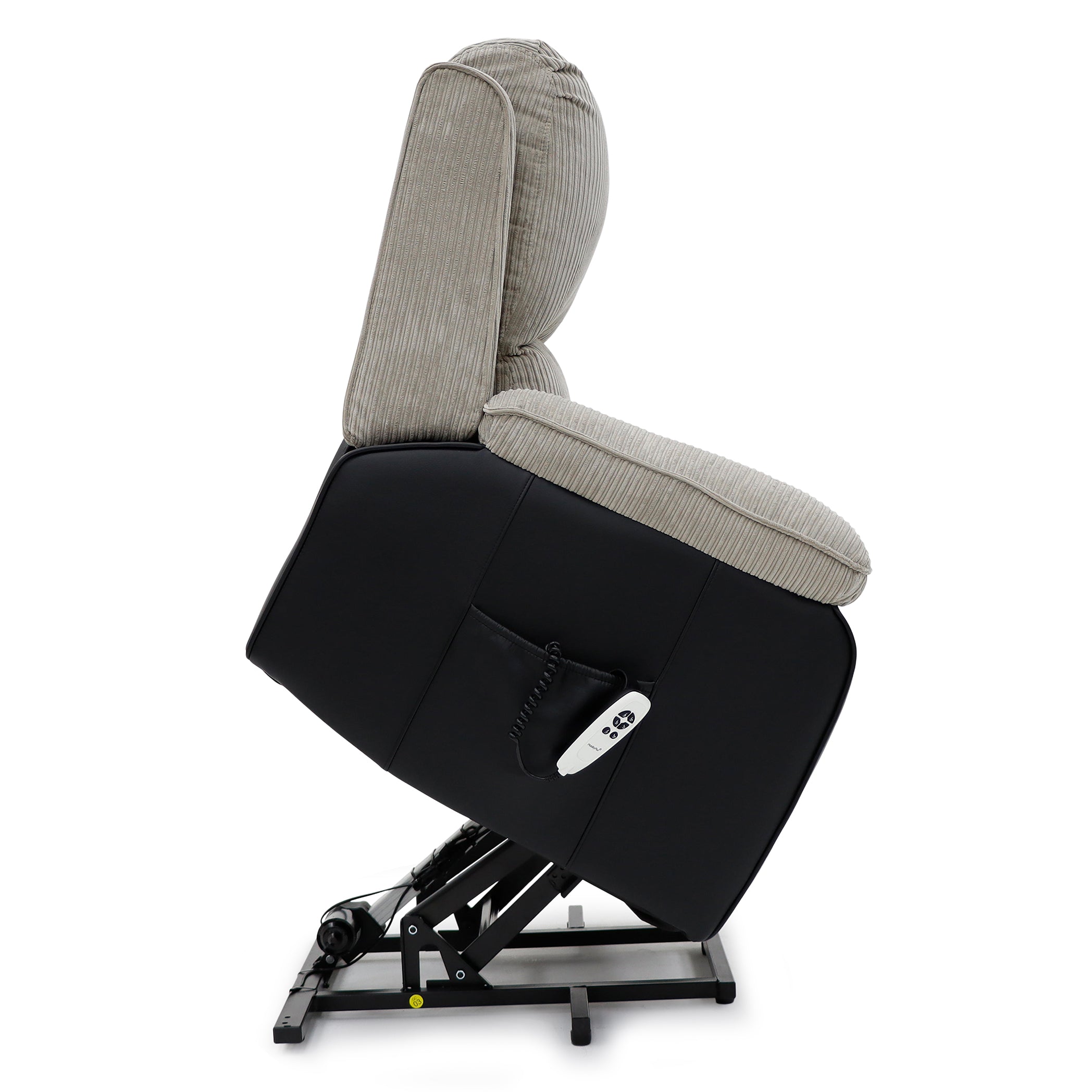 Bloomsbury Riser Recliner with Heat and Massage - Grey Corduroy Fabric / Black Air Leather - Image 4