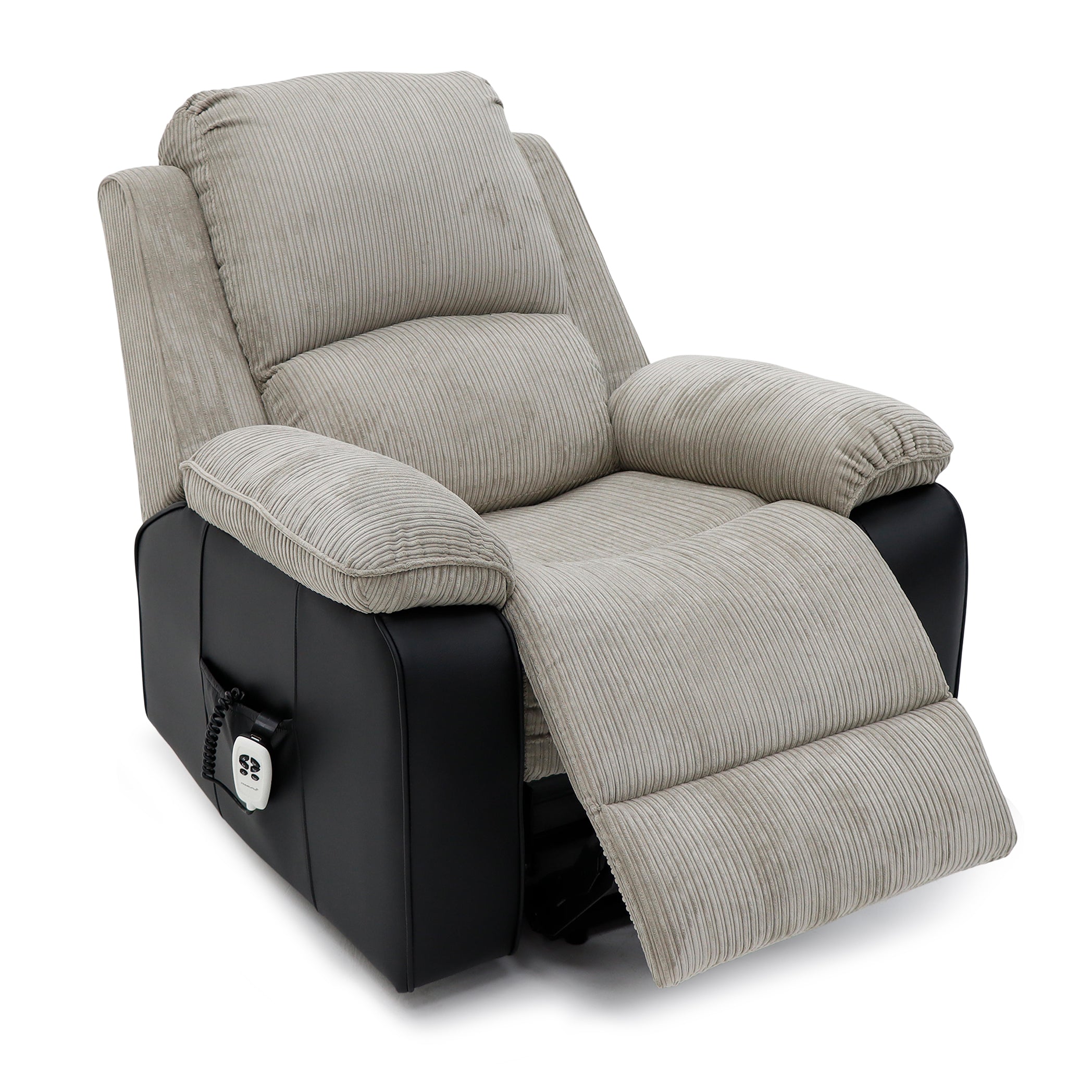 Bloomsbury Riser Recliner with Heat and Massage - Grey Corduroy Fabric / Black Air Leather - Image 5